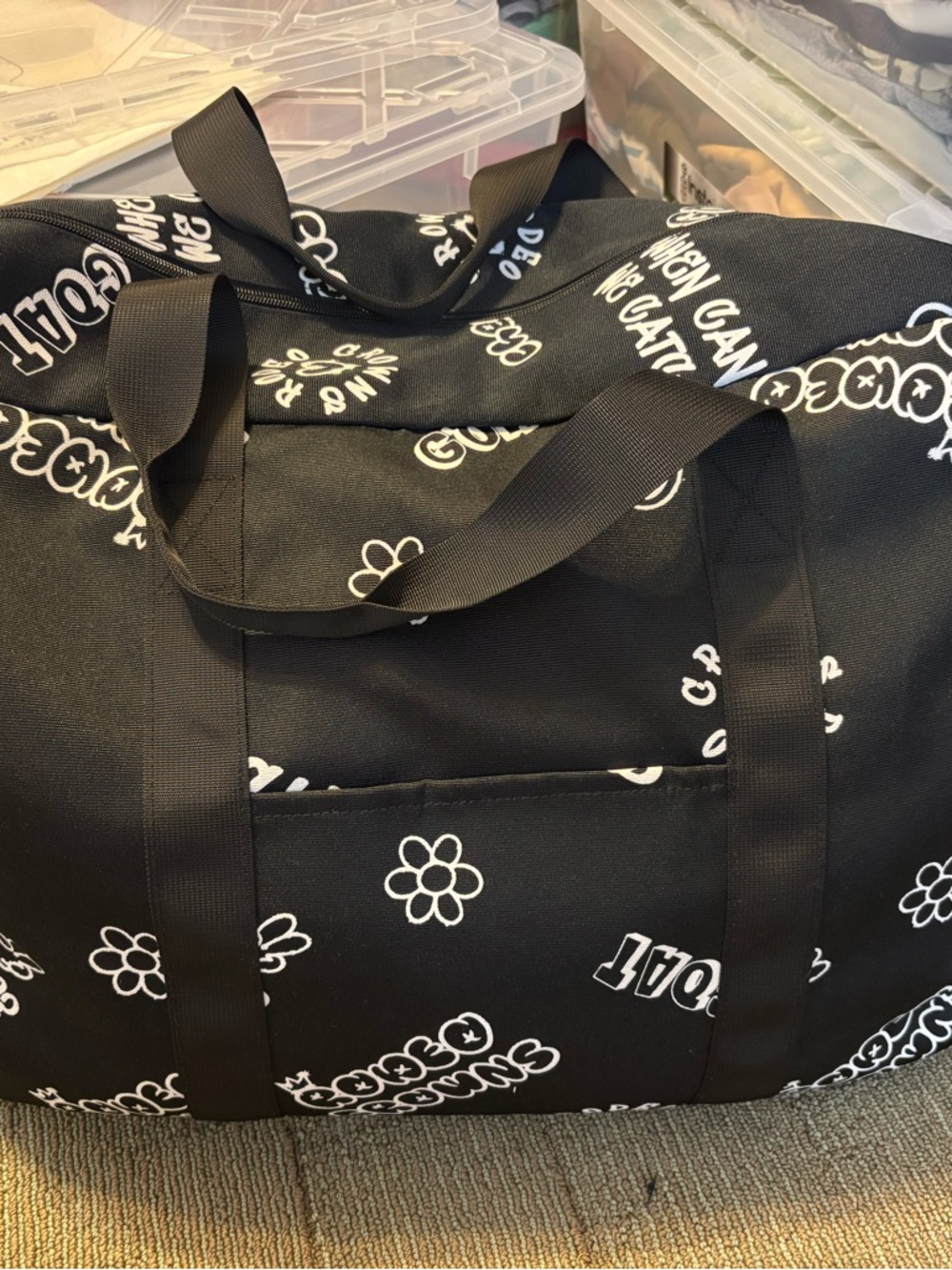 Black Floral Logo Print Travel Duffel Bag